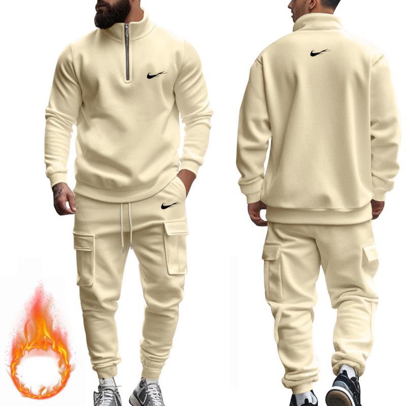 

Белый комплект из больших размеров, осень-зима, мужские спортивные штаны, новый стиль, американский, повседневный, плюшевый, теплый, на молнии 3XL слоновая кость