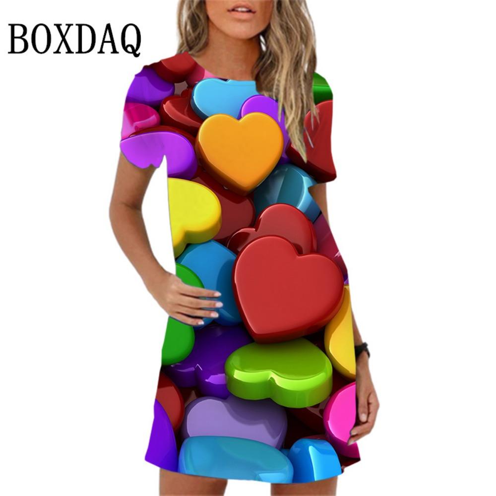 Elegant and sweet love pattern printed mini dress for women and girls, short sleeved, summer, spring, oversized sun dress