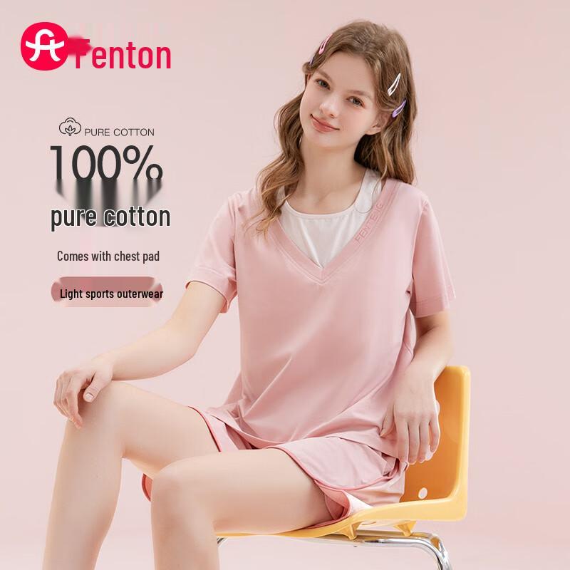 Fenteng Women s Cotton Short Sleeve Pajama & Lounge Set L
