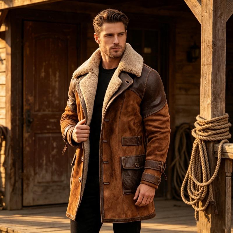 Mens Vintage Patchwork Suede Fleece Lined Thick Long Winter Jacket Coat