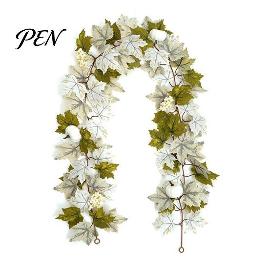 Realistic Orange Red Maple Leaves Artificial Fall Leaf Wreath, Autumn Vine with Pine Cones Pumpkins, Reusable Holiday Gifts for Family Hanging