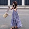 French high-end floral dress women's summer new unique v-neck waist cover meat vacation travel suspender dress