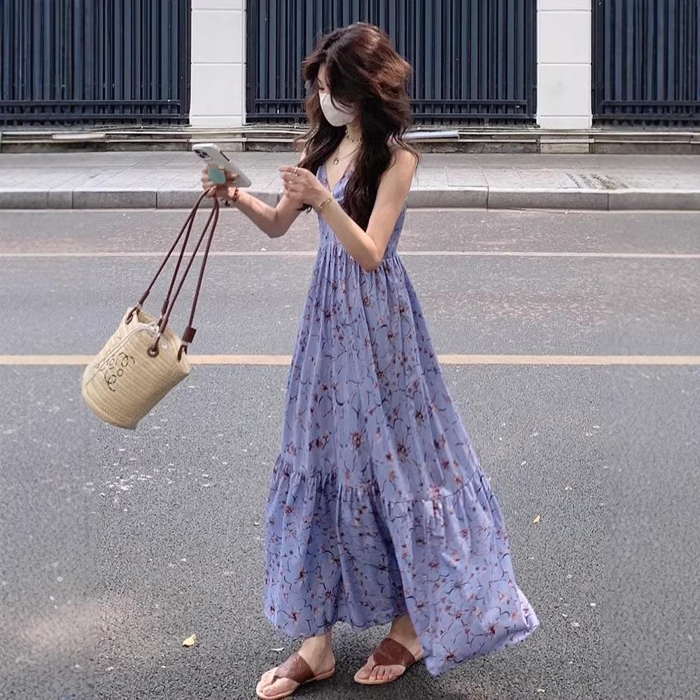 French high-end floral dress women's summer new unique v-neck waist cover meat vacation travel suspender dress