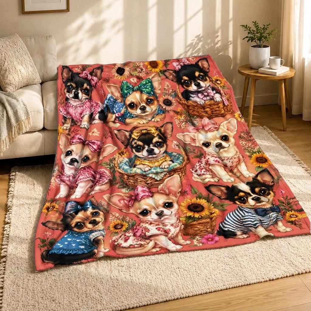 Floral Chihuahua Puppies Coral Fleece Blanket