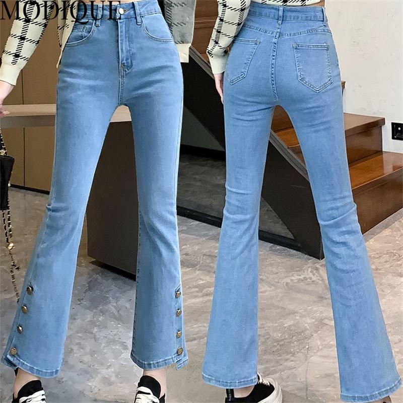 MODIQUE Autumn Plus Size New Women Basics Elastic Bell-Bottoms Full Length Flare Pants Lady High Waisted Casual Long Denim Jeans