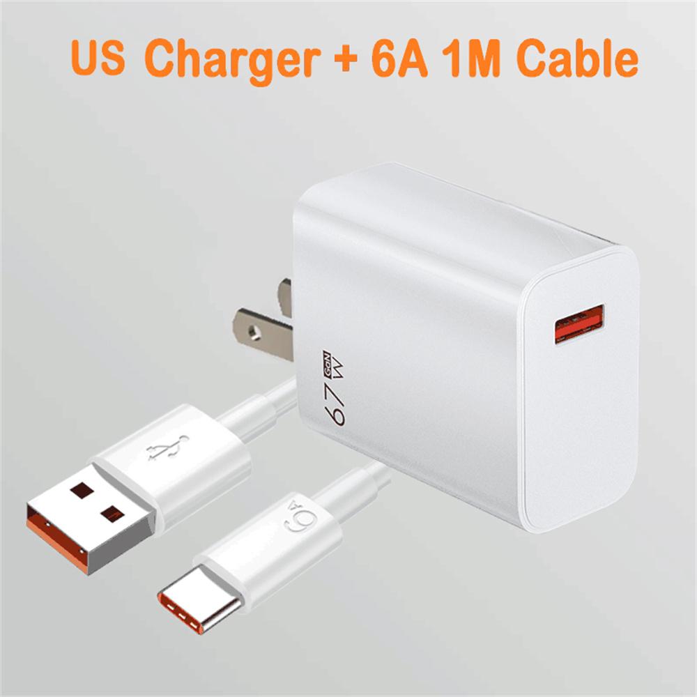 

USB Зарядний пристрій 67 Вт GaN Швидка зарядка EU/US Вилка Настінний зарядний пристрій 6A Кабель Type C Для iPhone Samsung Xiaomi Швидка зарядка Зарядний пристрій для телефону US Plug and 6A Cable