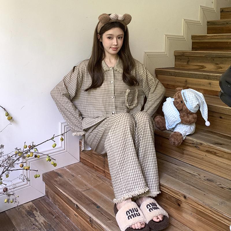 

Women s Sweet Style Plaid Cotton Pajamas - Long Sleeve & Pants, French Autumn Collection 2025 Extra Large