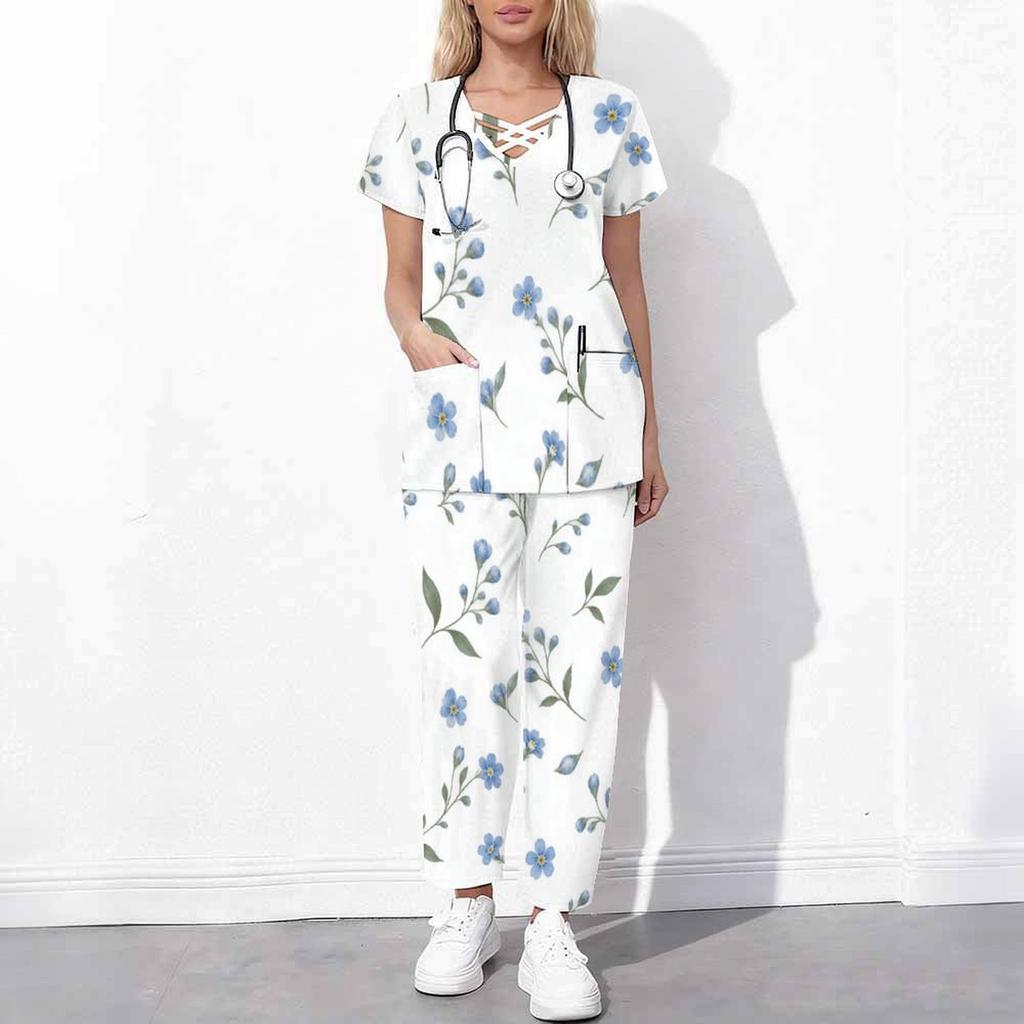 Women Plus Size Blue White Floral Printed Cutout Neck Short Sleeve Scrub Top With Pockets And Long Pants Set