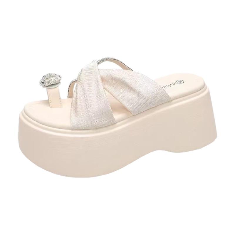 Thick-bottomed Rhinestone Set Toe Slippers for Women's Outer Wear Summer 2025 New Fashionable Versatile Muffin Heightening Casual Cool Slippers