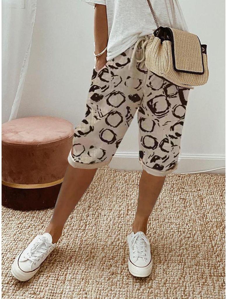 Pantaloni scurți casual din amestec de bumbac și in cu talie elastică și buzunare