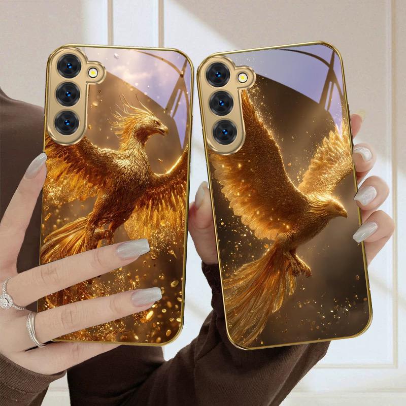 The Golden Phoenix For Samsung Galaxy S20 FE S21 S22 Ultra 23 Plus 24 Ultra 25Ultra S21+ S9+ 22Plus Golden Glass Phone Case