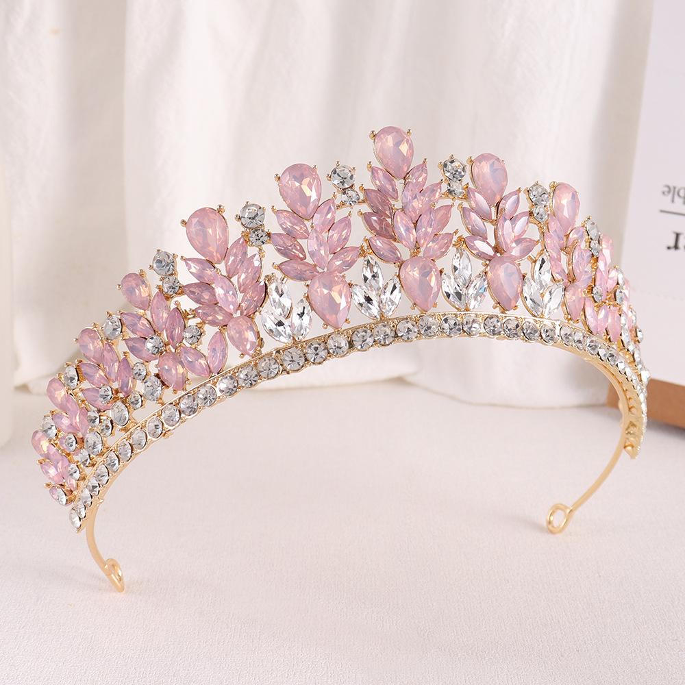 DIEZI Corona de Cristal Ópalo Verde Rosa Dulce Tocado Nupcial Accesorios para el Cabello Elegantes Tiaras de Reina Diademas para Vestido de Boda de Niñas