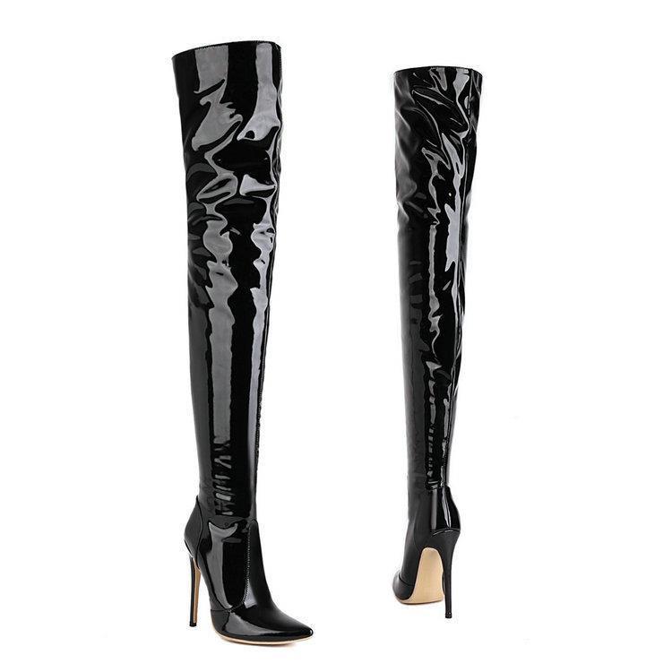 Over-the-Knee Boots Women's Red Boots Glossy Patent Leather Boots Sexy Thighs Boots Pole Dancing Boots Pointed Heels