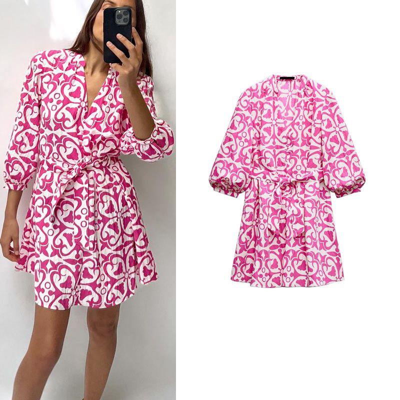 Spring New French style Sweet Holiday Style V-neck Long sleeve With Belt Print Short Dress 3238767