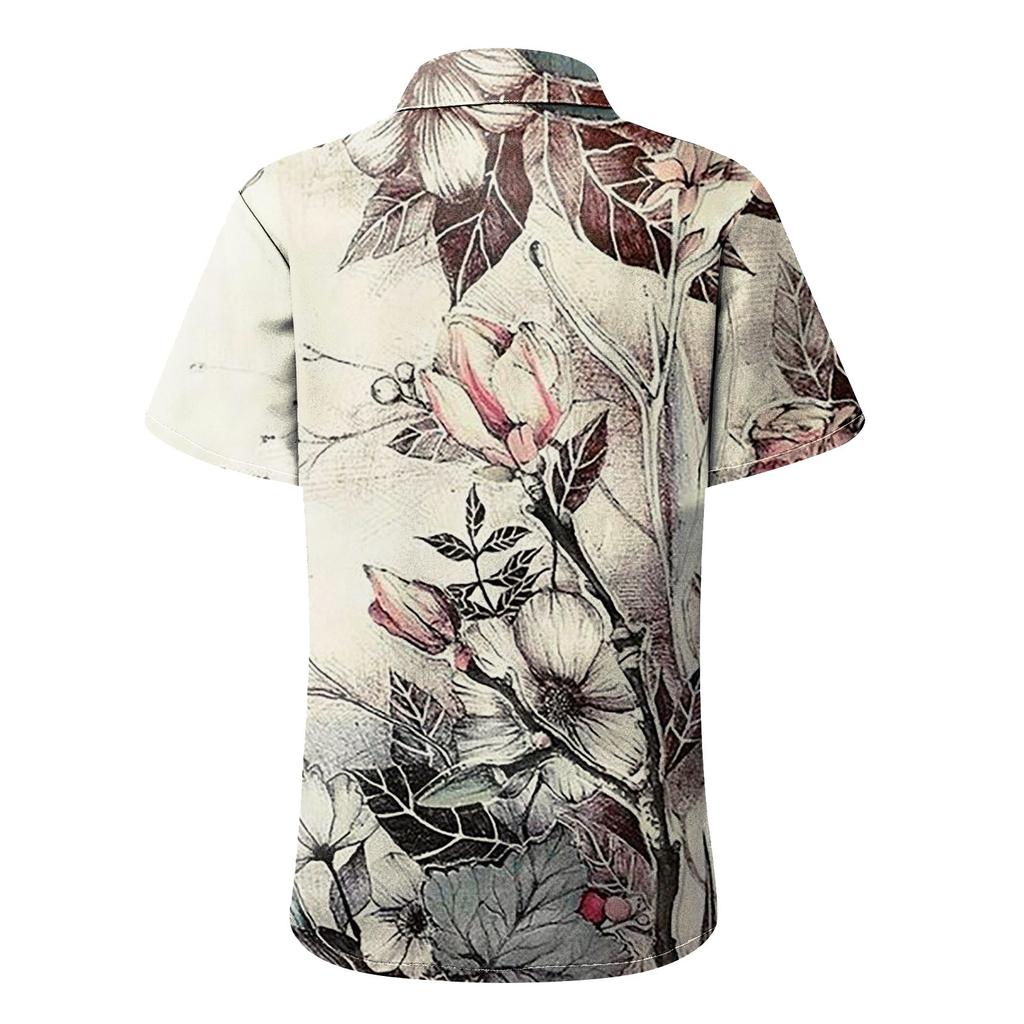 Women's Fashion Casual Short Sleeve Flowers Print Buttons Lapel Shirt Top Blouse