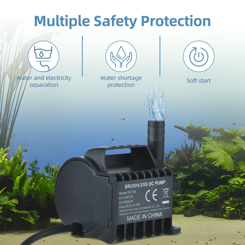 Submersible Water Pump Electric 600L H Small Fountain Pump with Max 7.2ft Lift, 6.5ft USB Cable and Suction Cup Base,
