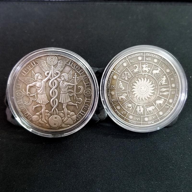 Antique Iron Box of European and American Silver Zodiac Coins