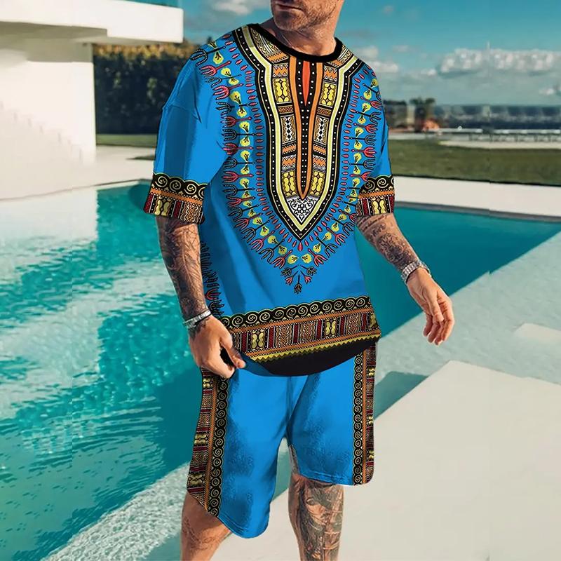 Men's Summer Cool Set Retro Clock Print T-shirt Men's Classic Round Neck Short Sleeve Shorts Set Street Beat Breathable Clothing