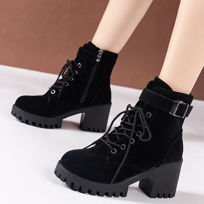 New Style Square Heel Elegant Comfortable Fashionable High Heel Women's Shoes Pin Buckle Side Zipper Casual Winter Short Boots