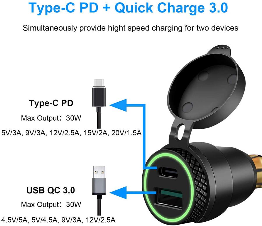 Motorcycle QC3.0 USB Type C Fast Charger Green LED for BMW Plug Socket Hella DIN