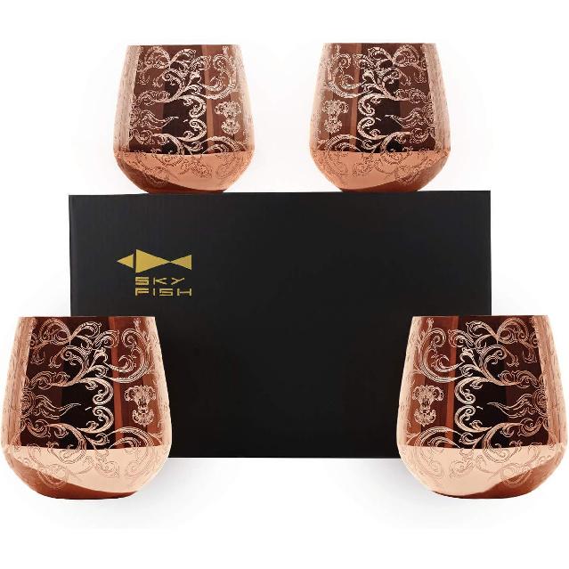 Sky Fish Stemless Stainless Steel Etching Wine Glasses,18 oz Copper Plated,Set Of 4