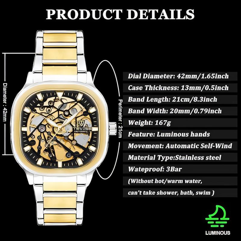 TEVISE Automatic Mechanical Watch Stainless Steel Men' S Business Luxury Steel Strip Watches Square Dial Waterproof Luminous Wristwatch