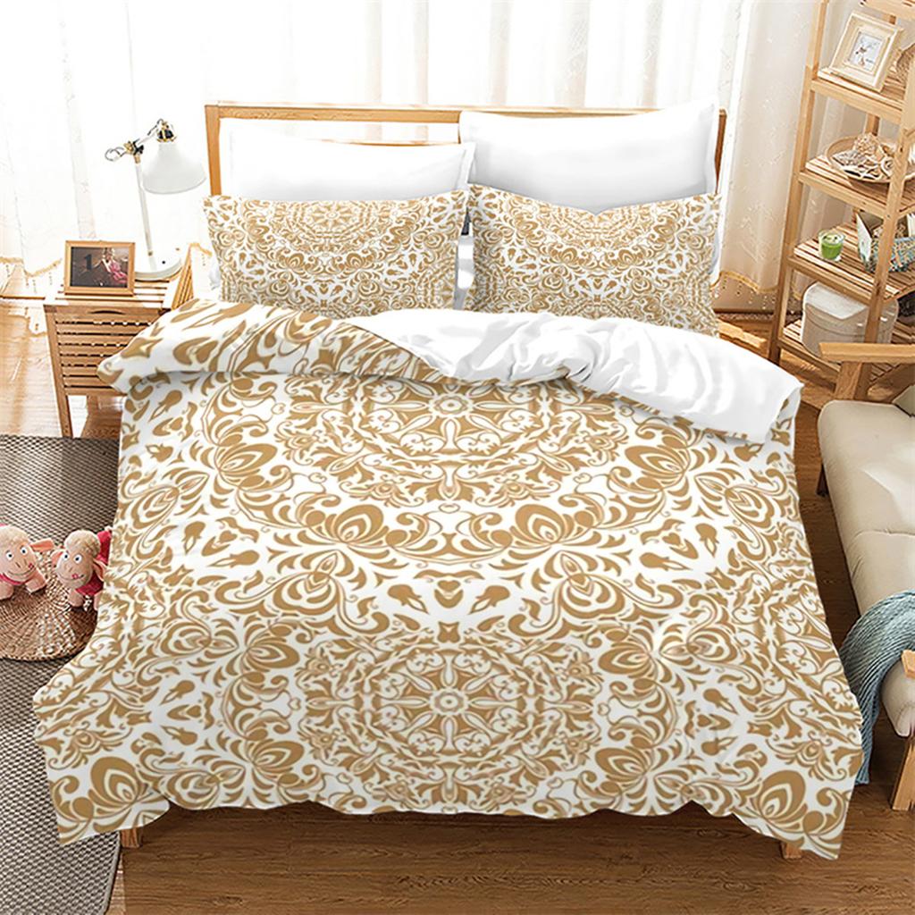 Luxury Gold Floral Duvet Cover Bohemian Leaves Microfiber Exotic Geometric King Queen for Children Adult for Bedroom Decoration