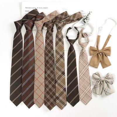 Preppy Style Coffee Brown Plaid No-Iron Shirt with Collar & Bow Tie for Women