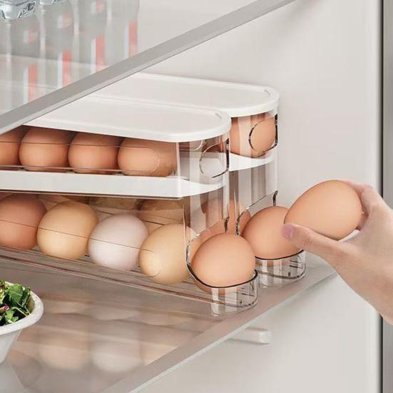 2-stufiger Eierhalter für rollende Eier Aufbewahrungsbox Platzspender Klarer Kühlschrank Automatischer Spar-Eierorganisator