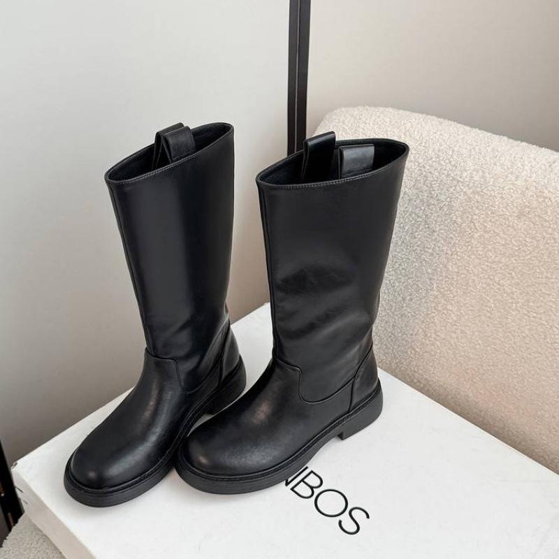 

Autumn and winter cowhide Martin boots solid color thick-soled non-slip medium heel large tube circumference women s boots new large size le 40 чёрный