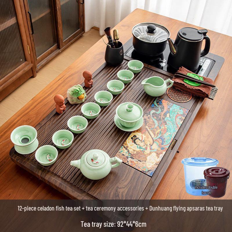 Chaxun 12-Piece Celadon Fish Tea Set with Dunhuang Flying Apsara Tea Tray