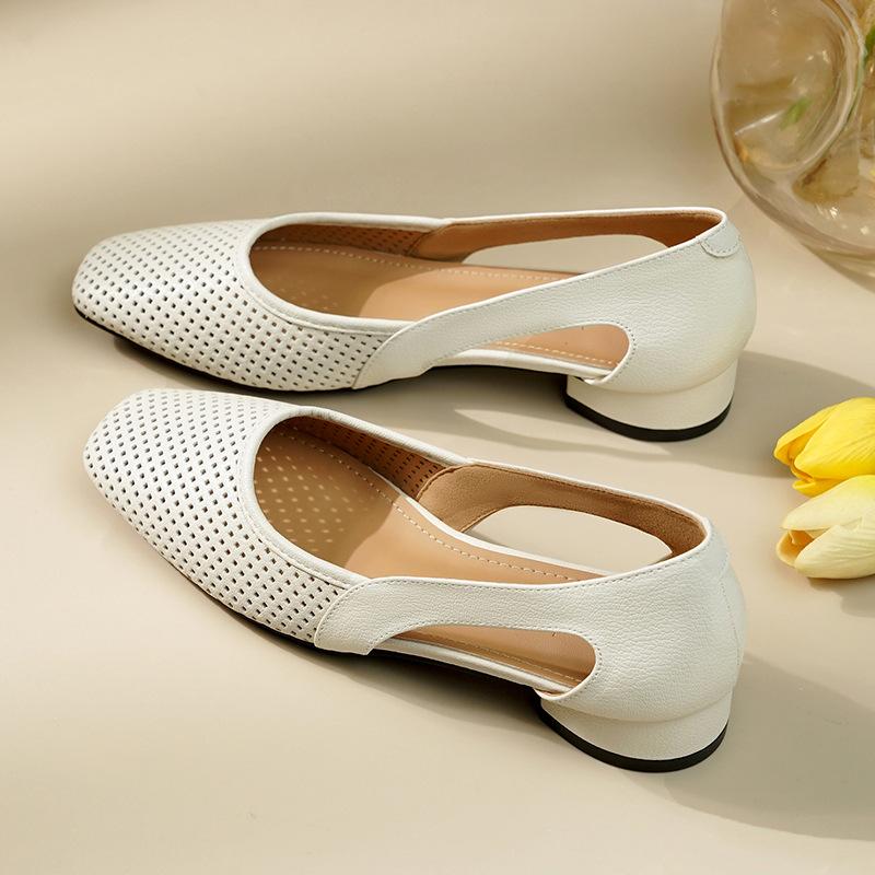 Summer Thick Heel Hollow Sandals for Women French Style Single Leather Shoes