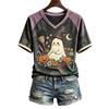 Women's Halloween Print V-Neck T-Shirt Casual Pullover Top