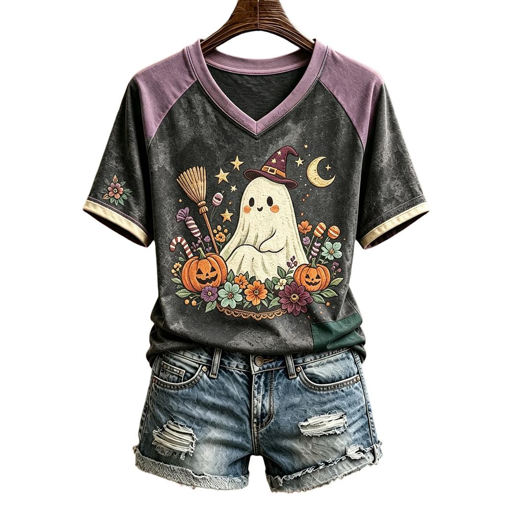 Women's Halloween Print V-Neck T-Shirt Casual Pullover Top