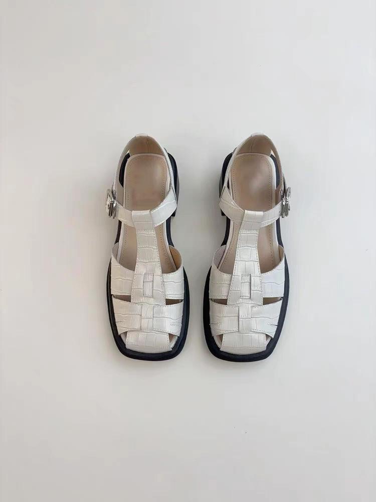 

Sheepskin version~ Leather retro Roman sandals women s summer wear thick heels low heels pig cage shoes hollow casual bag head shoes 40