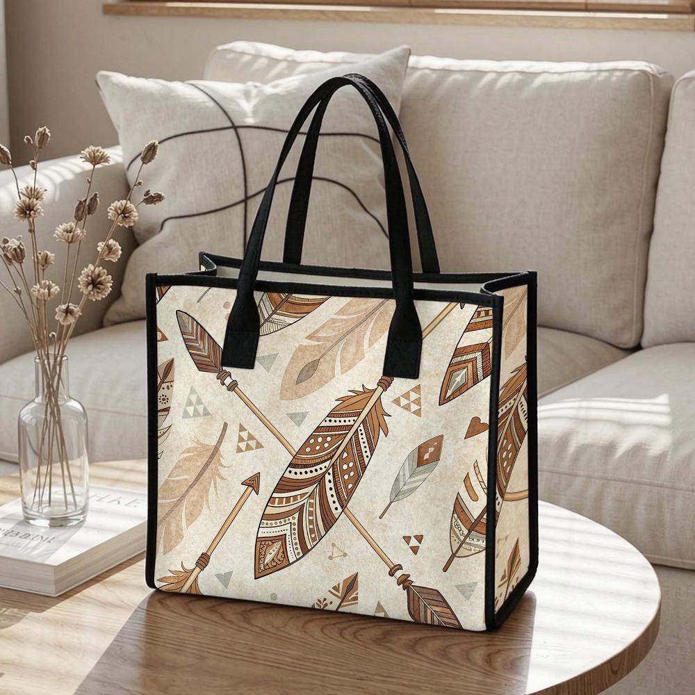Boho Feather Arrow Print Tote Bag Ladies Large Capacity Daily Casual Shoulder Handbag for Shopping Travel