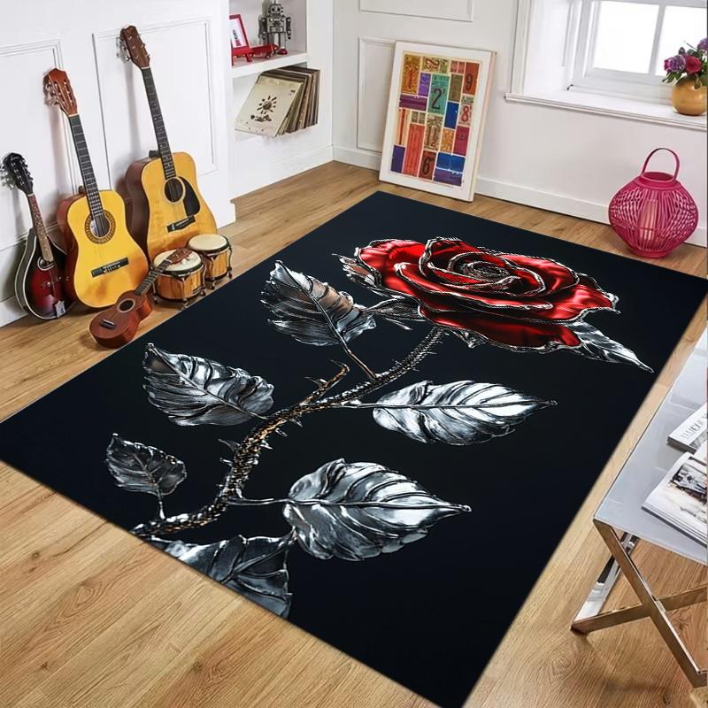 2D Dark Rose Area Rug Gothic Red Flower Pattern Carpet for Living Room Decor Soft Non Slip Floor Mat Living Room Decoration