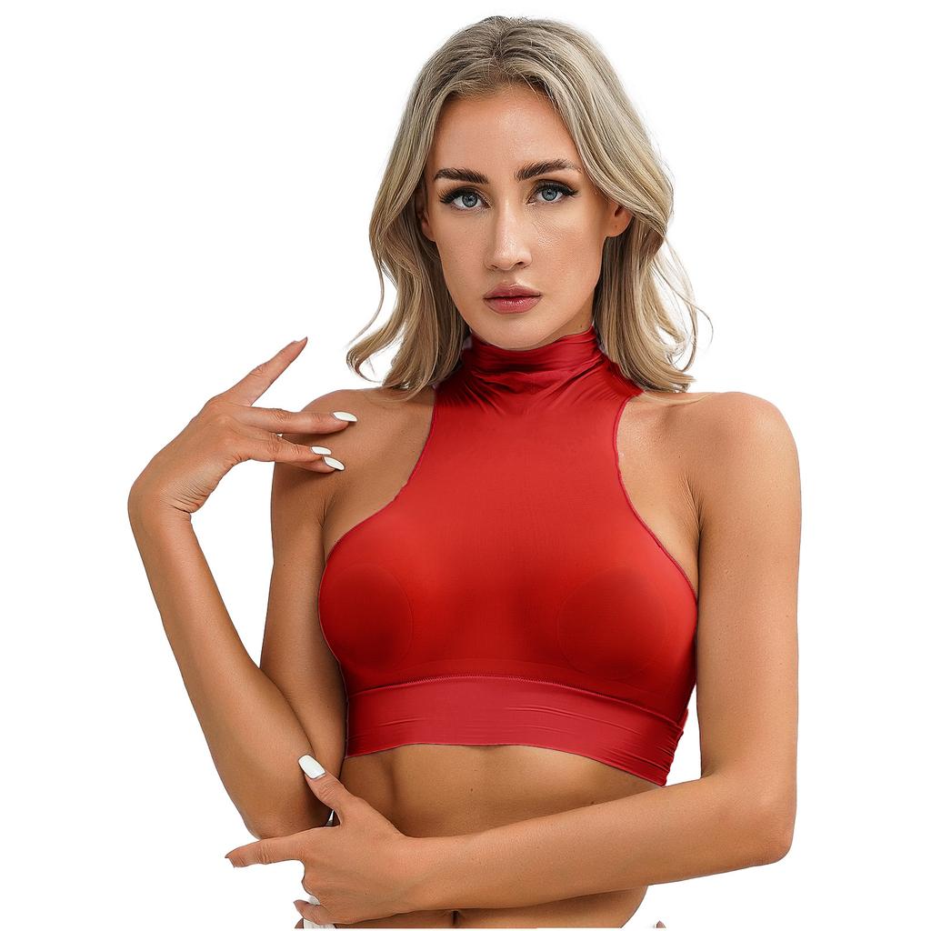 Womens Mock Neck Sleeveless Sheer Crop Top Glossy See Through Vest