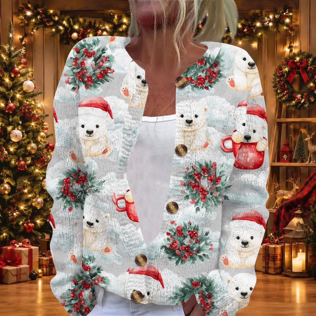 Women's Christmas Print Long Sleeve Knit Cardigan Button Down Sweater
