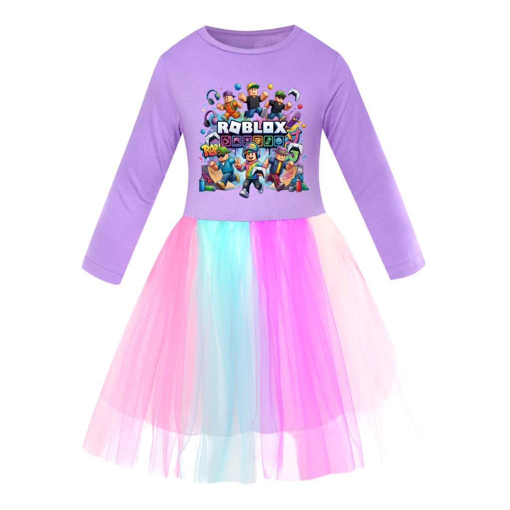 5573 Kids Girls Roblox Printed Mesh Rainbow Cotton Dress 110cm