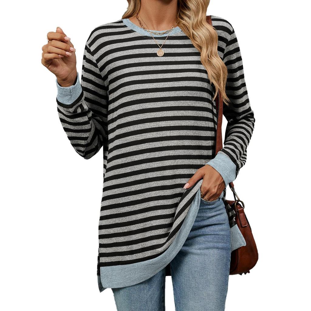 Autumn and Winter Women's Blouse Plus Size Striped Clashing Round Neck Long Sleeve Loose Top