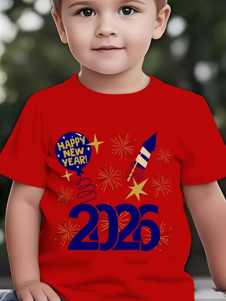 Children's T-Shirt 2026 Happy New Year Greeting Short Sleeve Casual Crew Neck T-Shirt Year of the Horse Gift Top Loose Clothing