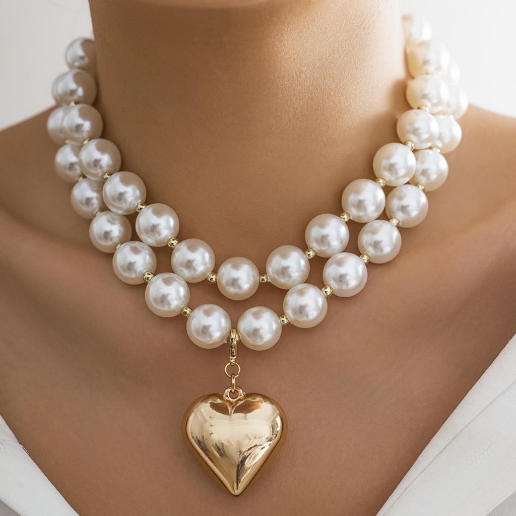 IngeSight.Z 2 szt./zestaw Przesadzony Metalowy Duży Wisiorek Serce Brzoskwiniowe CCB Naszyjnik dla Kobiet Retro Imitacja Perły Naszyjnik Choker