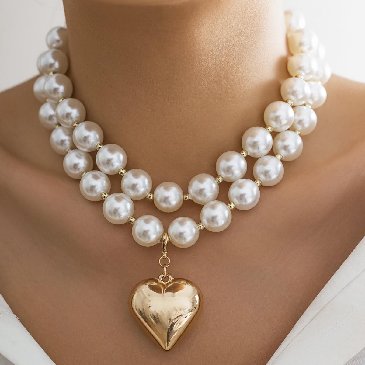 Salircon Gothic Hollow CCB Heart Shaped Pendant Necklace Fashion Imitation Pearl Chain Clavicle Necklace Women Aesthetic Jewelry