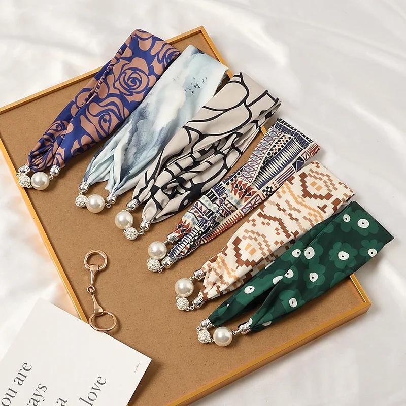 Fashion Magnet Buckle Neckerchief Solid Silk Scarf Women Skinny Headband Hand Wrist Bag Scarves Print Necklace Accessories