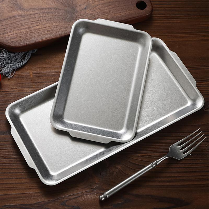 Retro Korean Style Stainless Steel Rectangular Plate Steak Barbecue Snack Storage Tray Kitchen Accessories