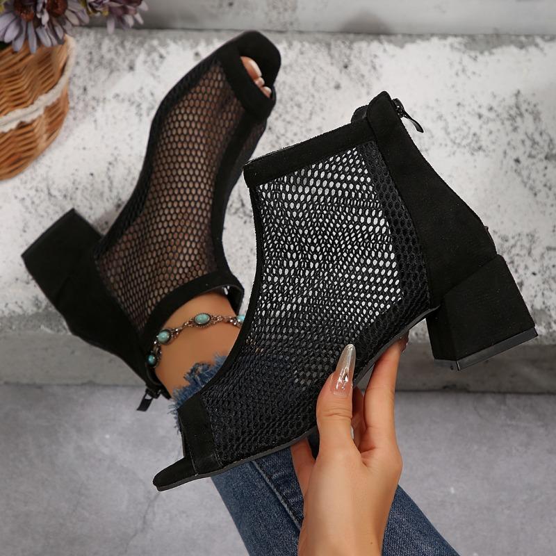 Fashion 2024 Summer Boot Zapatos Chaussures Femme Zipper Square High Heel Leopard Woman Shoes Women Mesh Suede Ankle Boots Size 43