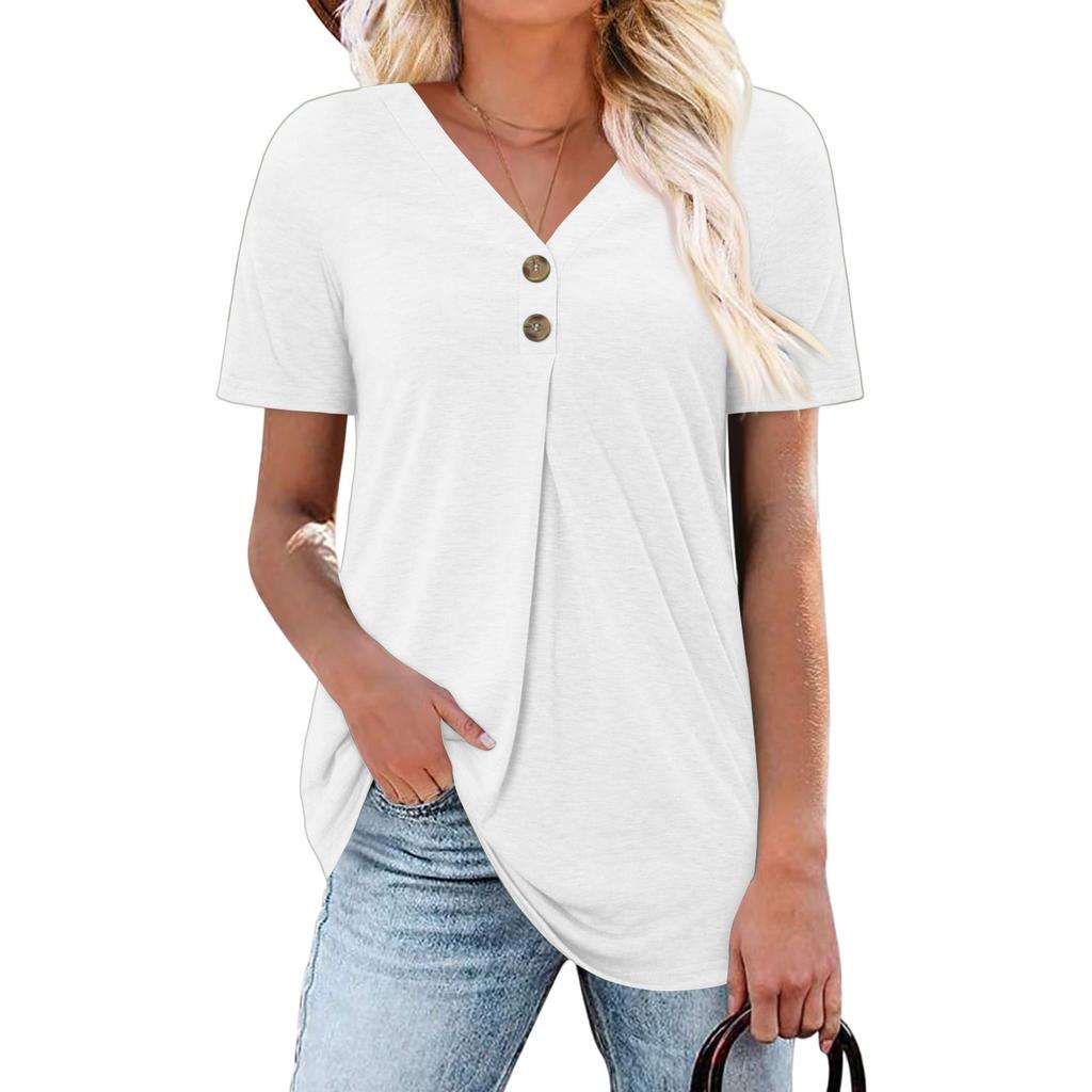 Women's Fashion Casual Short Sleeve Buttoned V-Neck T-Shirt Top