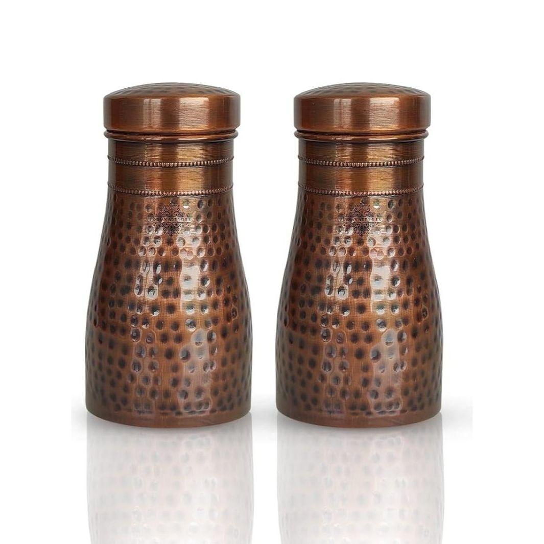 

Pure Copper Bedroom Water Bottle with Inbuilt Glass, Hammered Antique Design - Drinkware & Storage Purpose, Volume 900 Ml (Pack of 2)
