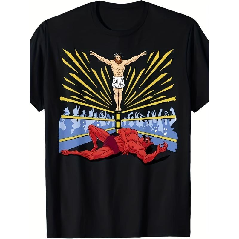 

Men s Jesus Wrestling Satan T-Shirt - Retro Biblical Combat Graphic Tee, Athletic Fit Breathable Shirt for Gym, Training, Streetwear & Casual Wear 4XL чорний